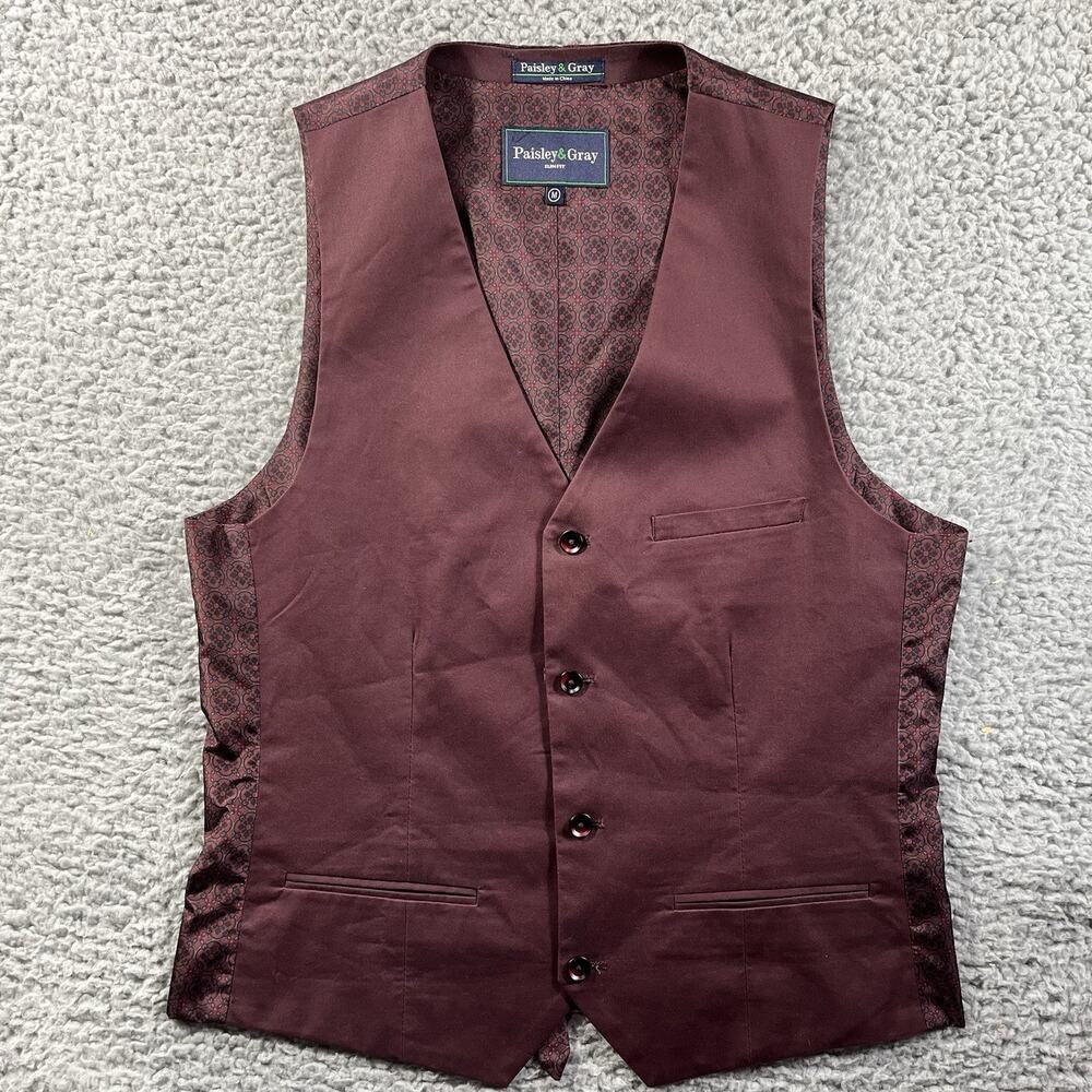 Paisley & Gray Slim Fit Suit Vest Waistcoat Burgundy Floral Men's Size M